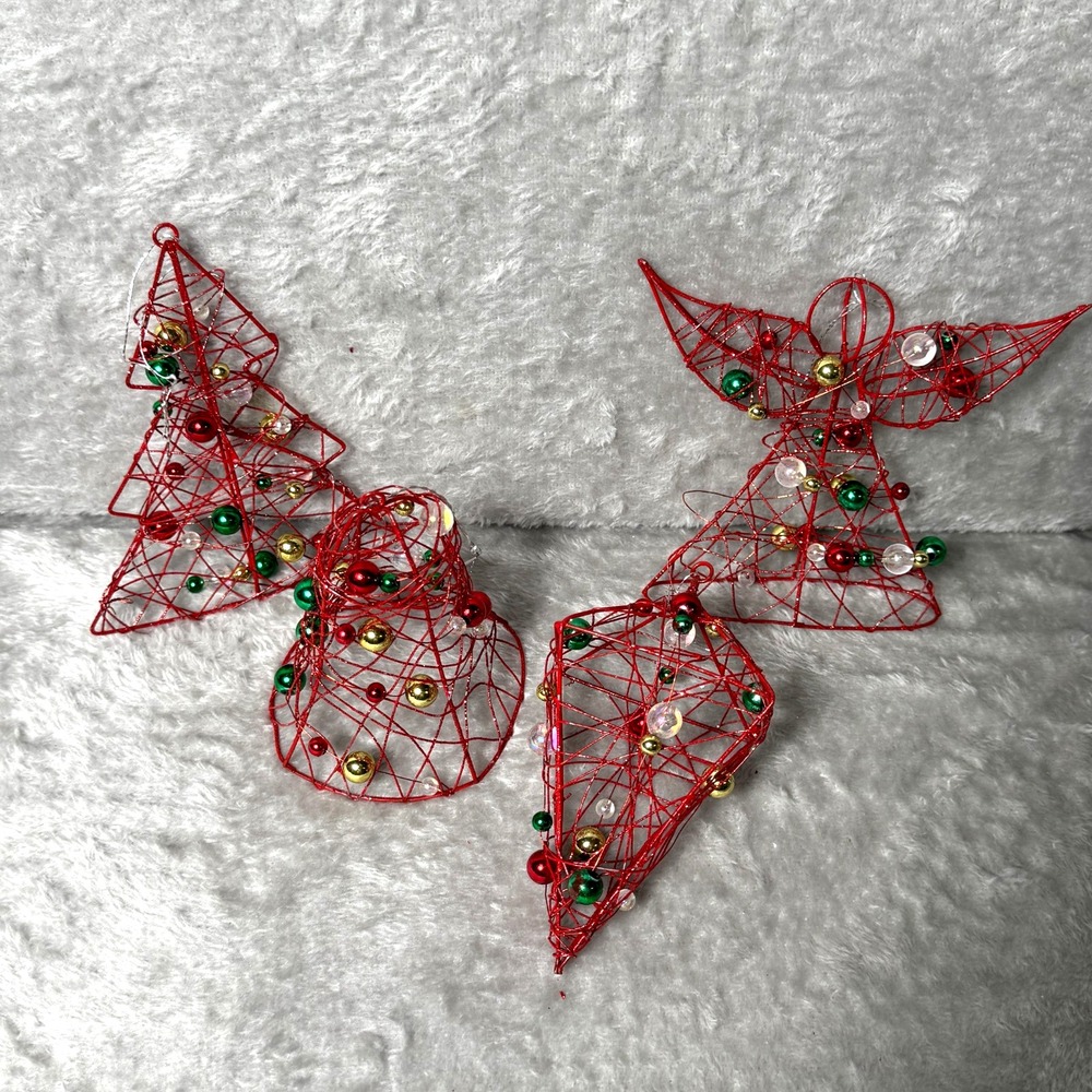 Vintage Wire Christmas Ornaments Set Red Trees Angel Bell Star Beaded Holiday